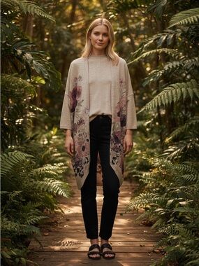 Light Beige Floral Open-Front Knit Cardigan